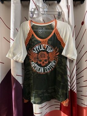 Rare Affliction Olive Green Camo & Orange Lace Raglan Jersey Vintage Y2K
